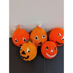 Hand Knitted Crafted Halloween Orange Pumpkin Heads Lot of 5 - Spooky Decoration